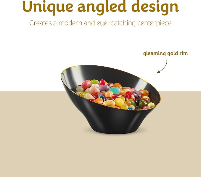 PLASTICPRO Angled Plastic Bowls Disposable Small Plastic Black Serving Bowls with Gold Rim for Party for Appetizer Salads Pack of 8