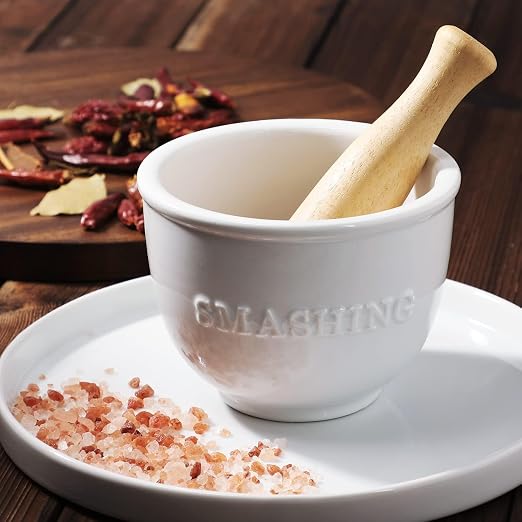 Wooden Procelain Mortar and Pestle Set, Ceramic Pill Crusher Spice Grinder, Herb Bowl, 3.7 inch White