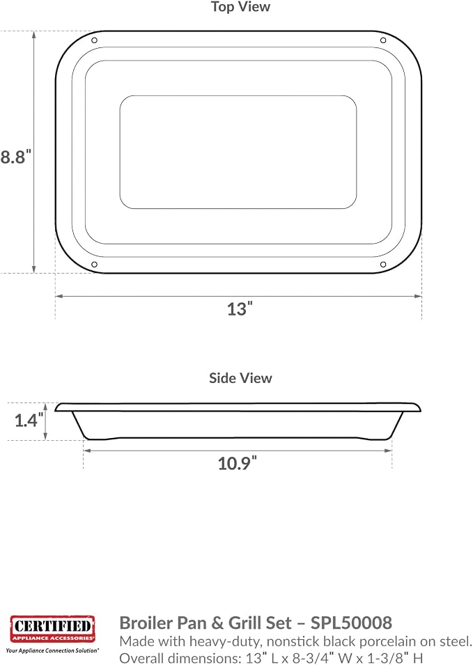 Small 2-Piece Broiler Pan & Grill Set Porcelain-on-Steel 13"x8-3/4"x1-3/8" Broiler Pan for Oven, Black Whirlpool 4396923, Maytag, Kitchen-Aid replacement