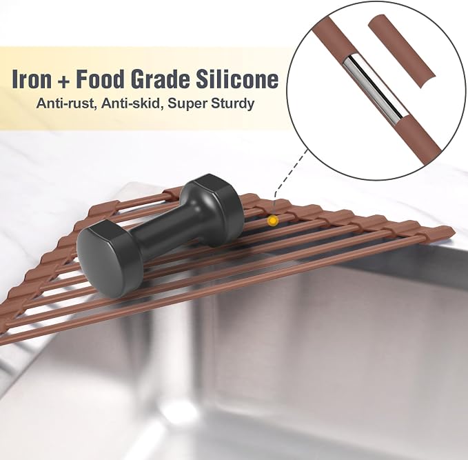 Tomorotec Triangle Roll Up Dish Drying Rack with Silicone Coating, Brown | 304 Stainless Steel with BPA-Free Silicone, Triangle Design Maximizes Sink Corner Space, Fits Compact Kitchens And RVs