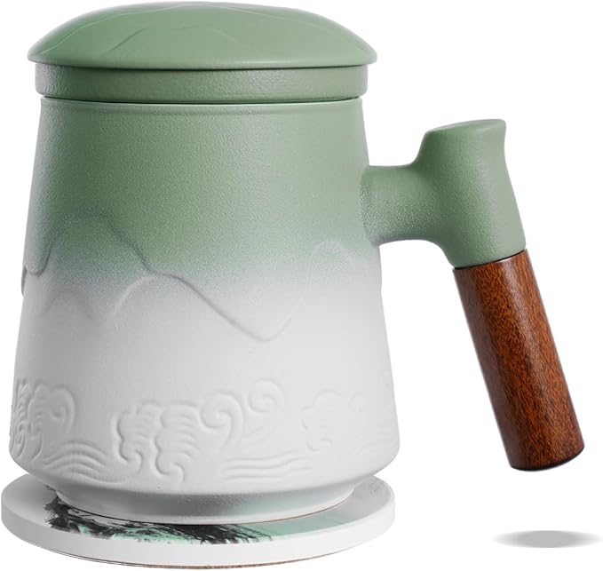 ZENS Tea Infuser Mug with Lid & Coaster for Loose Leaf Tea Steeper, 15oz | Embossed Ceramic Tea Cup with Infuser for Loose Tea Difussers, Tea Lovers Gifts, Nature Wood Handle, White