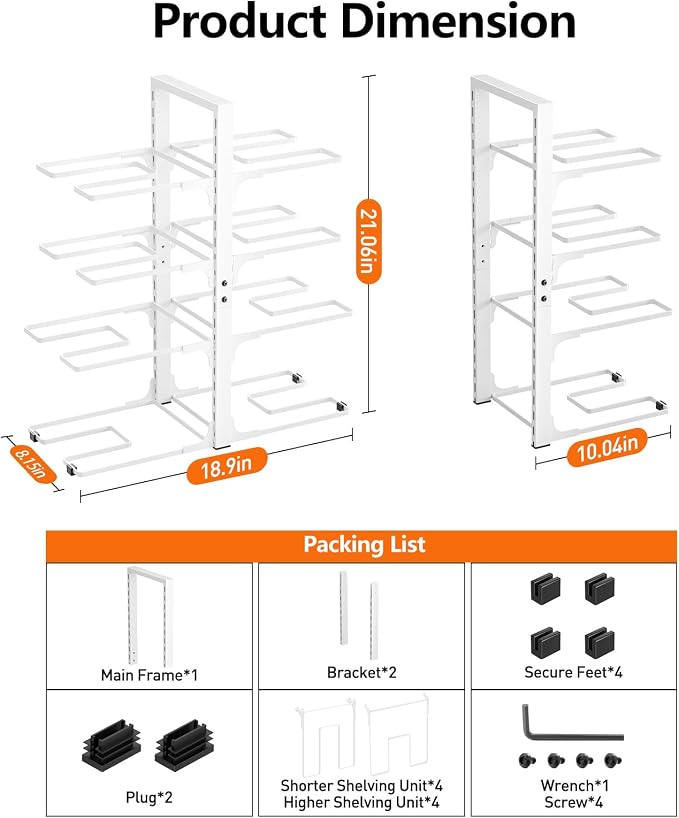 MUDEELA 8-Tier Heavy Duty Pots and Pans Organizer for Cabinet, 20.8"H White | Adjustable heavy-duty pot rack, Holds big stockpots and cookware, Fits under cabinet or on countertops, Easy Assembly