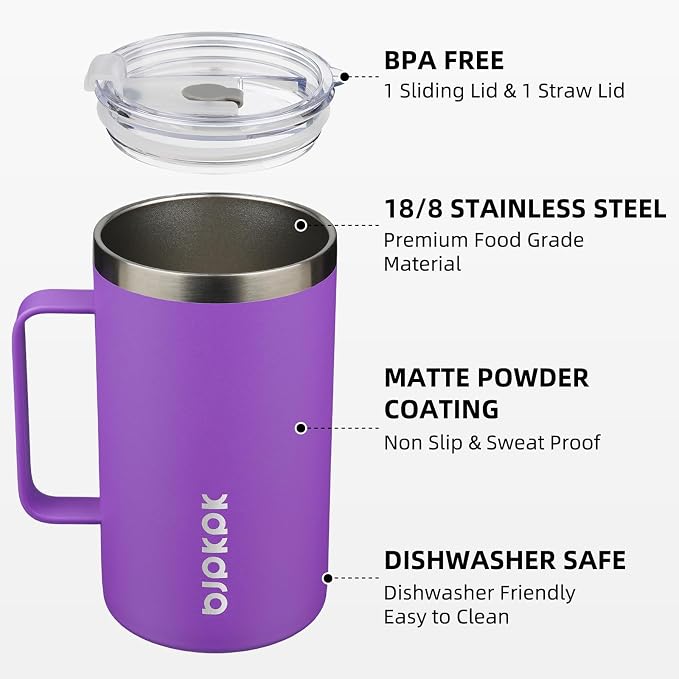 BJPKPK 25oz Insulated Coffee Mug with Handle, Stainless Steel Travel Mug | Keeps Drinks Hot & Cold, Double Wall Vacuum, 2 Lids Included, BPA-Free Coffee Tumbler for Home, Office & Travel