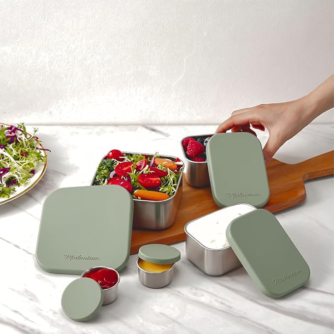 Flexibento - Leak proof Stainless Steel Lunch Box,Lunch Containers with Lids,Steel Bento Box,Metal lunch Box,1 * 25 OZ+ 2 * 13 OZ + 2 * 2 OZ,Set Of 5,Sage Set of 5
