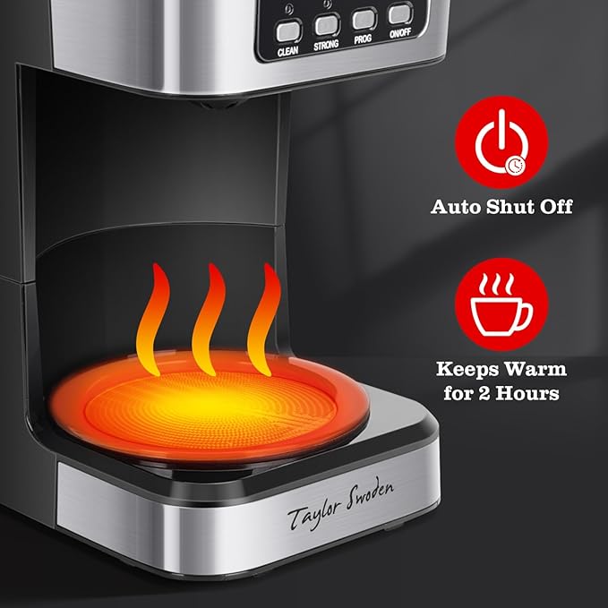 Taylor Swoden 12-Cup Programmable Coffee Maker, Black & Stainless Steel | Regular & Strong Brew Drip Coffee Machine for Home and Office, 24H Timer, Glass Carafe, Pause & Serve, Auto Shut Off