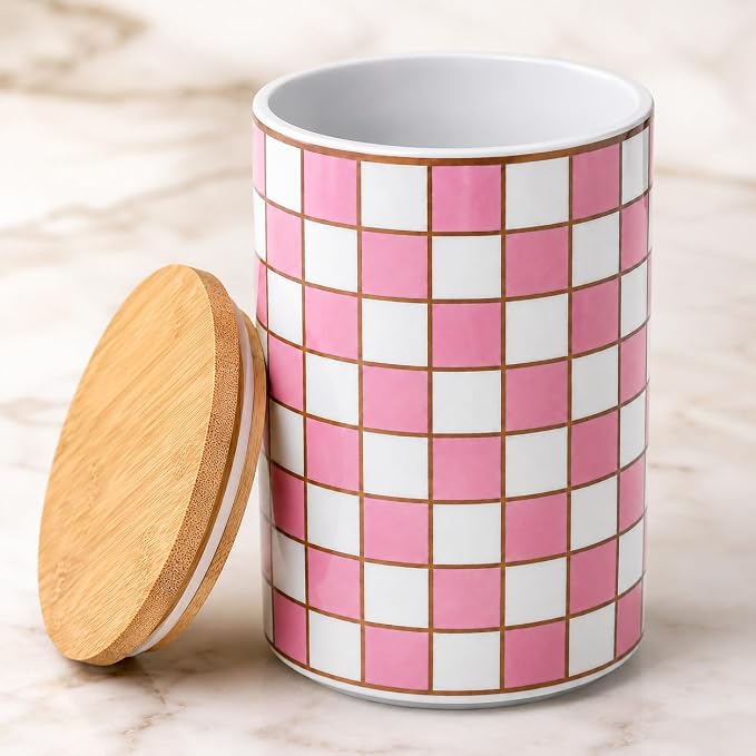 Kitchen Countertop Ceramic Checkered Canisters,Black And White Food Storage Containers With Lid,Airtight Kitchen Canisters for Flour, Sugar, Coffee, Tea, and Dry Goods (Pink, XL)