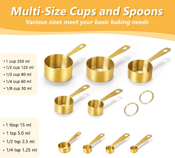 Gold Measuring Cups & Spoons Set for Cooking, 9pcs | 5 Stainless Steel Measuring Cups, 4 Measuring Spoons, Premium Finish Baking Gadgets for Dry & Liquid Ingredients