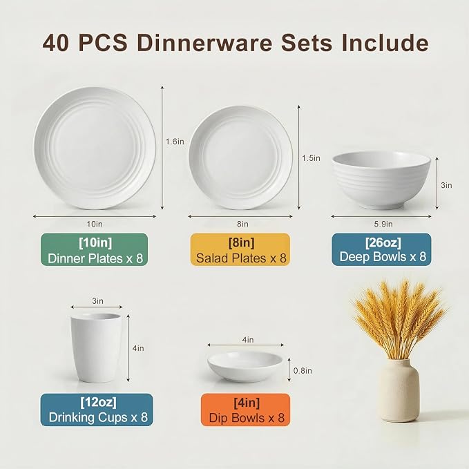 Dinnerware Sets for 8, Wheat Straw Plate and Bowl Set, Unbreakable Kitchen Set 40 Piece, Microwave and Dishwahser Safe Plates and Bowls Sets for Apartment, Kitchen, Camping, Dorm - White