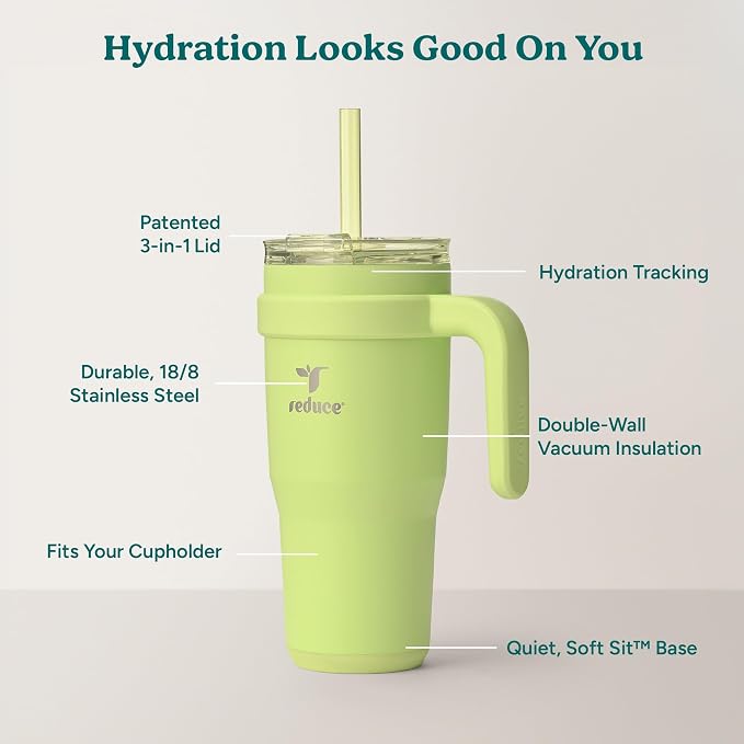 REDUCE 24 oz Stainless Steel Tumbler with Handle - Dual-Wall Vacuum Insulated Travel Mug, Sweat-Proof Lid & Reusable Straw - Keeps Drinks Cold for 24 Hrs, Fits Cupholders, Dishwasher Safe - Mojito