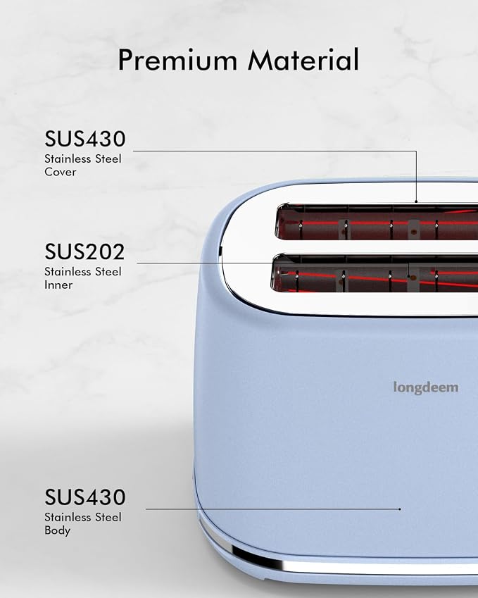 LONGDEEM 2 Slice Toaster with 1.5" Extra Wide Slots & Removable Crumb Tray 6 Browning Options, Auto Shut Off & Frozen Function, Toast Fruit Bread, Bagel & Waffle, Blue