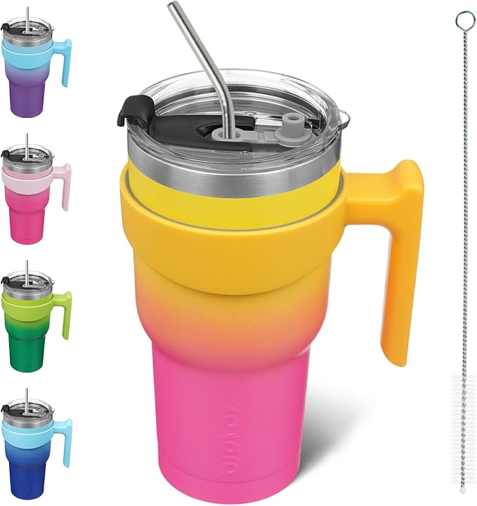 BJPKPK 30 oz Tumbler with Handle & Straw, Insulated Stainless Steel Mug | Double Wall Vacuum, Keeps Hot/Cold, Thermal Cup, BPA Free, Dishwasher Safe, Cupholder Fit, Coffee & Travel, Pink Yellow Rose