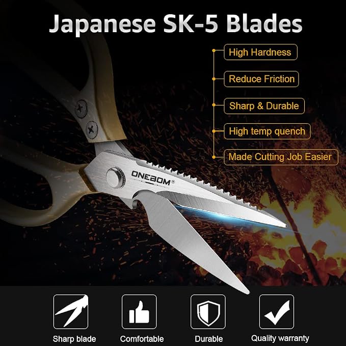 ONEBOM 2 Pack Kitchen Shears,Multi-Function Kitchen Scissors Heavy Duty Sharp 304 Stainless Steel, Gold Apartment Kitchen Accessories Cooking Shears for Chicken,Meat,Fish,Poultry (Gold)