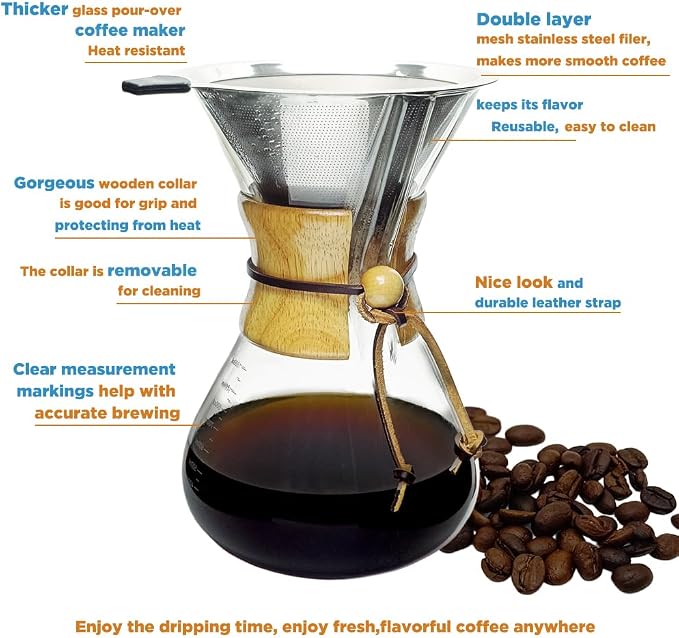 subjectthree Camping Pour Over Coffee Maker Kit 6 Cup (20 Ounce) | Drip coffee carafe with 304 Stainless Filter, Borosilicate glass, Easy clean & use for home kitchen, office, cafe, camping