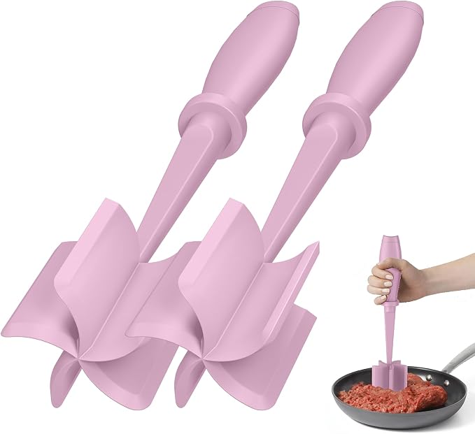 2Pack Meat Chopper Upgrade Hamburger Smasher, Masher for Ground Beef | Heat Resistant, Food-Grade Nylon, for Ground Turkey/Chicken and More, Non Stick Mix Grinder, Dishwasher Safe, Pink