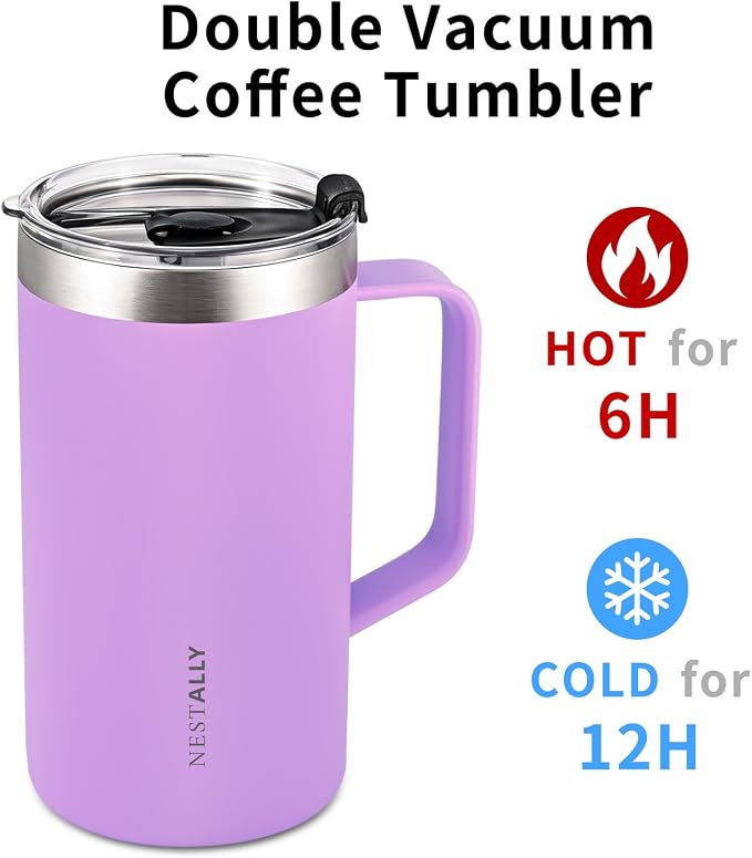 NESTALLY Cozy 20oz Insulated Coffee Mug with Handle & Lid, Blush Pink | Stainless Steel Double Wall Vacuum Travel Mug for Hot & Cold Drinks, Reusable Coffee Tumbler, Non-Slip Base, BPA-Free