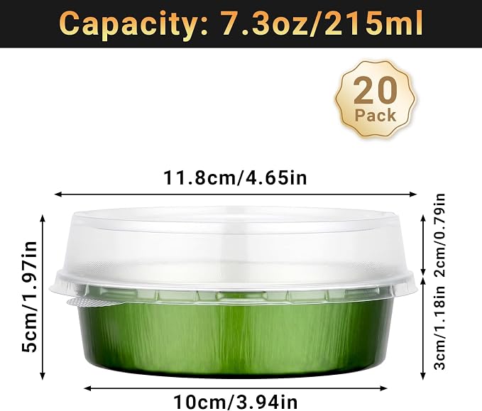 Beasea 20 Pack Mini Tart Pans with Lids, 7.3oz Avocado Green Disposable Aluminum Foil Baking Tins Cups, 4" Round Pie Container for Individual Cupcake Dessert Muffin Cheesecake Quiche Fruit Tart