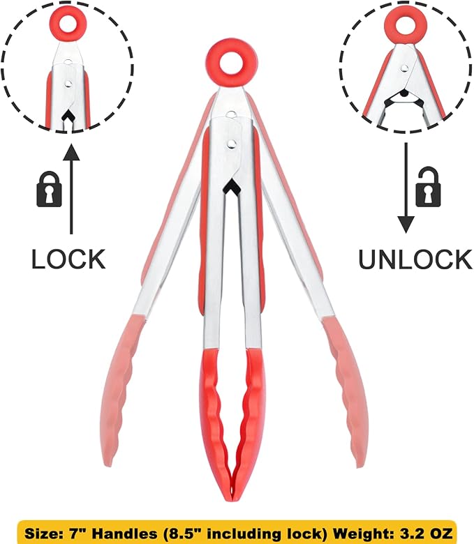 HINMAY 7" Mini Silicone Tongs Small Serving Tongs, Set of 3 (Red)