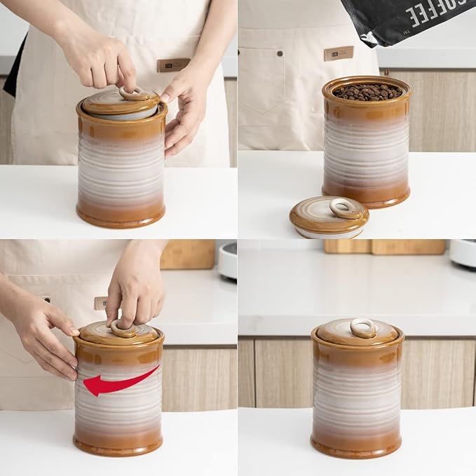 Nihow Food Storage Jar,Ceramic Canister Sets for The Kitchen,Set of 4,Brown | Air Tight Lid,Seal Damp-proof,For Flour/Sugar/Rice/Coffee/Cookies/Candy,Kitchen Counter
