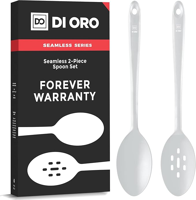 DI ORO Silicone Cooking Spoons - Solid & Slotted Set, 2-Pc Stone | Large heads for mixing, serving, and stirring; Heat-resistant to 600F for nonstick cookware; BPA-free and dishwasher safe