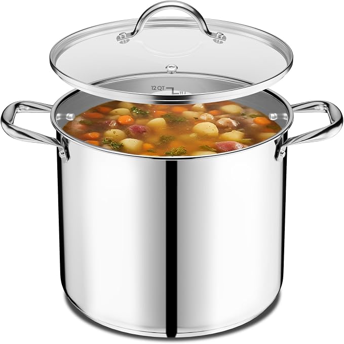 Stainless Steel Stockpot with Tempered Glass Lid 5 Quart, Durable 18/0 Stainless Steel, Impact-Bonded Base for Even Heating, Riveted Handles, Oven & All Stove Compatible, Safe Up To 500°F (260°C)