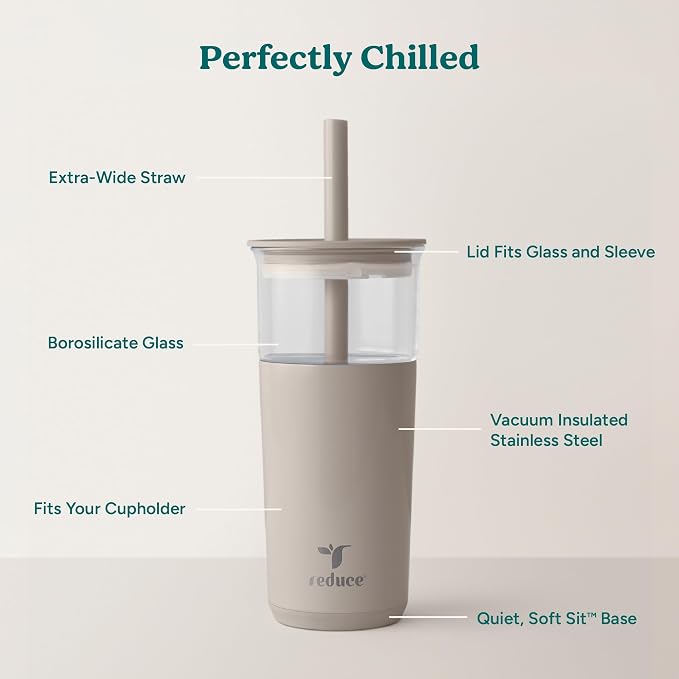 REDUCE Aspen - 20oz Vacuum Insulated Glass Tumbler - Extra Wide Straw & Lid | Keeps drinks cold for 12 hours, ideal for iced coffee, smoothies & boba, dishwasher safe, soft base