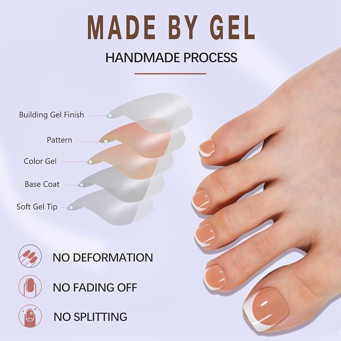 Misssix Press on Toenails Short, French Tip Toe Nails Square Brown | 150pcs Soft Gel Fake Toe Nail Tips Extensions for Women Nail Art DIY 15 Sizes