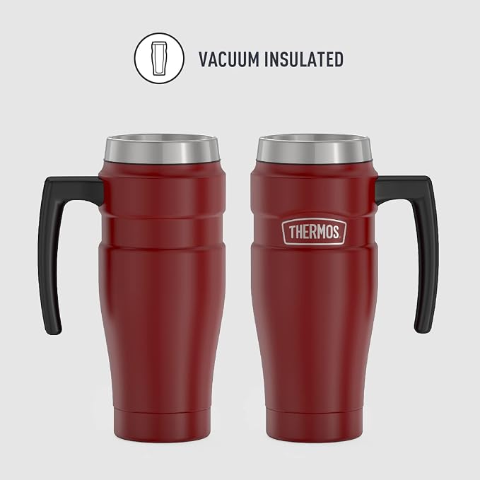 THERMOS Stainless King Vacuum-Insulated Travel Mug with Handle - 16oz, Rustic Red, Thermos Tumbler for Hot/Cold Drinks, Leak-Proof & Sweat-Proof Stainless Steel Coffee Mug with Lid (Pack of 4)