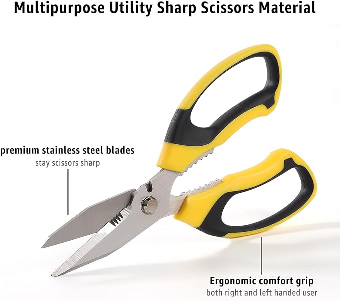 BoFuYuan Utility Scissors All Purpose heavy duty 8-Inch Yellow | Comfort Grip, Sharp Serrated Blades Cutting Carpet Cardboard Wire Fabric, Multipurpose Shears for Kitchen Garden Office Craft