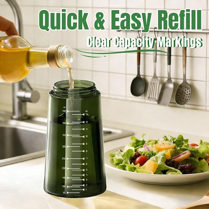 2 in 1 Olive Oil Sprayer and Dispenser, 16oz Glass Oil Spray Bottle with Measurement Marks, grilling spray bottle, Light Blockage Dark Oil Sprayer 2 Pack for Air Fryer, Salad, Cooking, BBQ