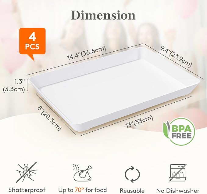 Lifewit 14.5" x 9.5" Large Plastic Serving Trays for Party, 4 Pack Reusable White Food Platters for Cookies, Desserts, Fruit, Appetizers & Charcuterie, BPA-Free Catering Trays for Parties & Buffets