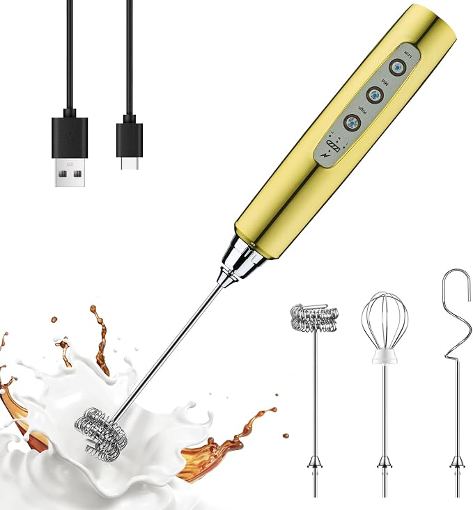 YUSWKO Handheld Milk Frother Wand for Coffee, Rechargeable Electric Whisk with 3 Heads 3 Speeds Drink Mixer Coffee Frother For Latte, Cappuccino, Hot Chocolate, Egg, Champagne Gold