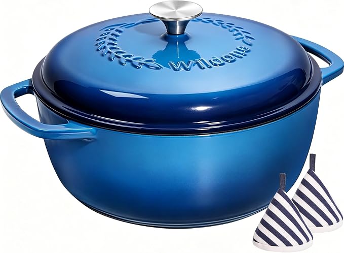 Enameled Cast Iron Dutch Oven - Wildone 6QT Pot with Lid & Cotton Potholders - Oven Safe Enamel Cookware for Bread Baking, Braising, Stews, Roasting, Blue