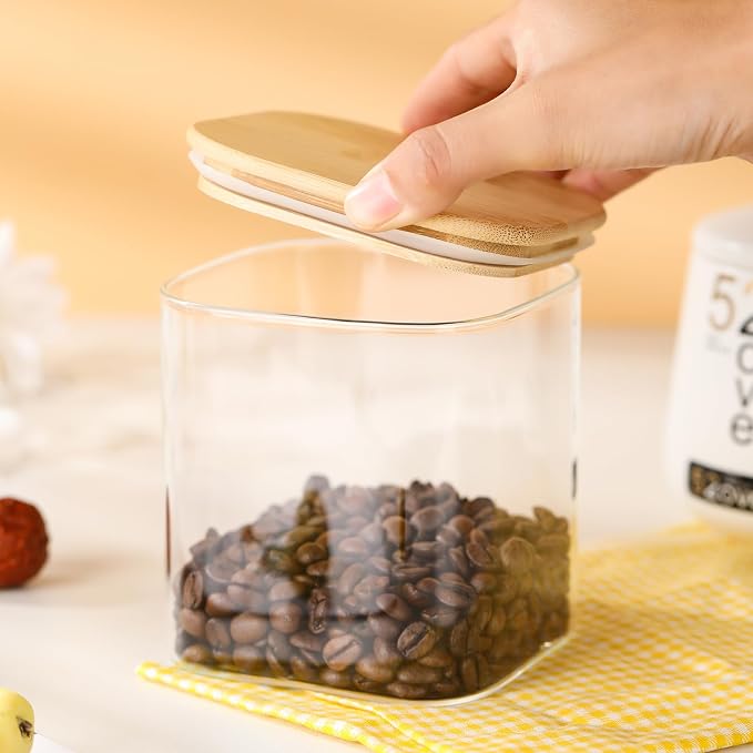4-Pack Square Glass Containers with Bamboo Lids, 24oz | Airtight Canister Set, Glass Food Storage Jars with Lids for Candy, Coffee, Tea, Sugar, Flour, Cookies, Spices