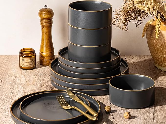 LERATIO Stoneware Dinnerware Sets for 4,12-Piece Matte Plates and Bowls Set | Handmade High Edge Rim Dish Set,Oven & Microwave,Dishwasher Safe,Scratch Resistant-Ashen Gold Rim