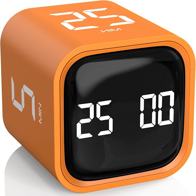 Rotating Pomodoro Timer 5/25/10/50, Desk Productivity Timer for ADHD,Orange | Countdown/Stopwatch Cube Timer, Vibration/High/Low Volume/Custom Modes, for Work Study, Back to School, Kitchen