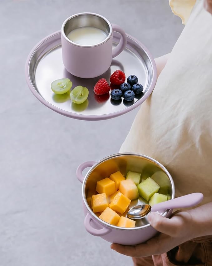Bakpoco Stainless Steel Suction Plates for Baby, Kids Snack Dishes | 8" Stainless Steel Toddler Plates Open Kids Plate with Silicone Suction Non Toxic Dishwasher Safe Dinnerware Set of 3