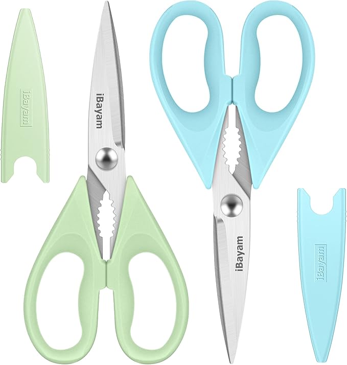 iBayam 8.7" Heavy Duty Kitchen Scissors All Purpose 2-Pack –Pistachio/Blue | Sharp stainless steel blades, cut meat, chicken & vegetables. Ergonomic comfort grip, dishwasher safe, includes blade covers