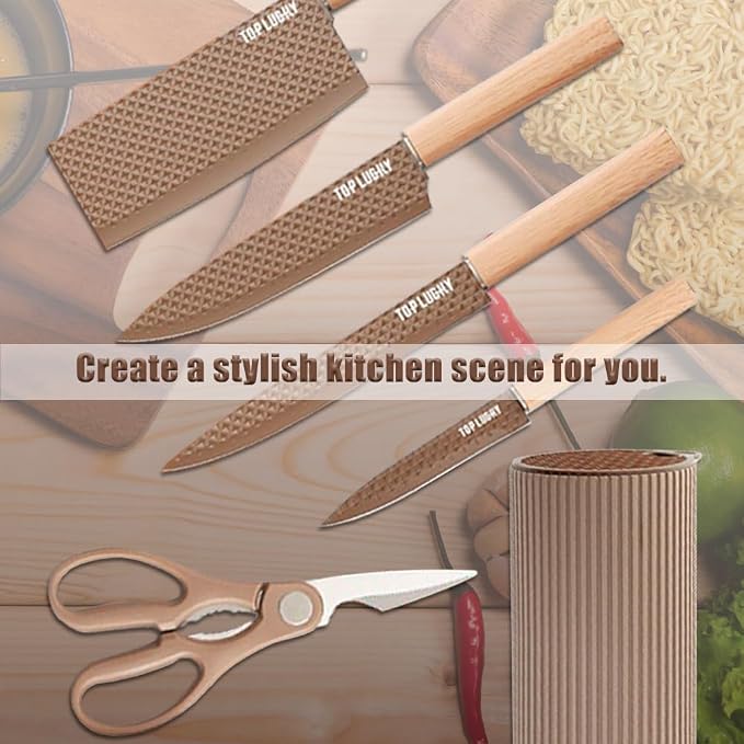Knife Set, Wiztoynia 6-Piece Coffee Kitchen Knife Set for Home, Anti-Rust Non-stick Stainless Steel Sharp Chef Knife Set with Universal Knife Block for Kitchen, Ergonomical Design (Coffee)