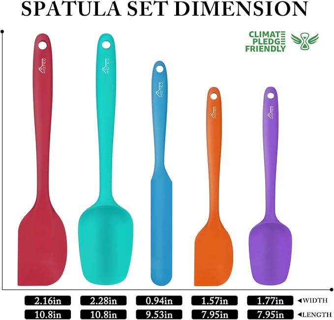 HOTEC Heat Resistant 600℉ Food Grade Silicone Rubber Spatula Set for Baking, Cooking, and Mixing Non Stick Dishwasher Safe BPA-Free Multicolor Set of 5