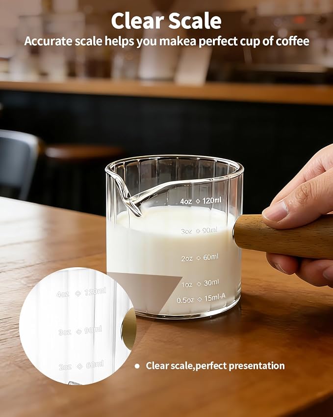 Espresso Measuring Cup 4 Oz, Espresso Glass Cups with Wood Handle, Milk Frothing Cup, Espresso Cup for Coffee, Milk, Tea or Maple Syrup Serving (Transparent, 4 oz)