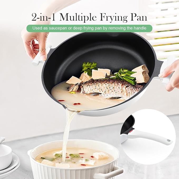 Large Frying Pan Skillet Nonstick with Lid, 14 Inch Deep Saute Pan, Big Induction Pan for Cooking, 2-1 Non Stick Cookware with Helper Handle, Family Size, Suitable for All Stoves, White