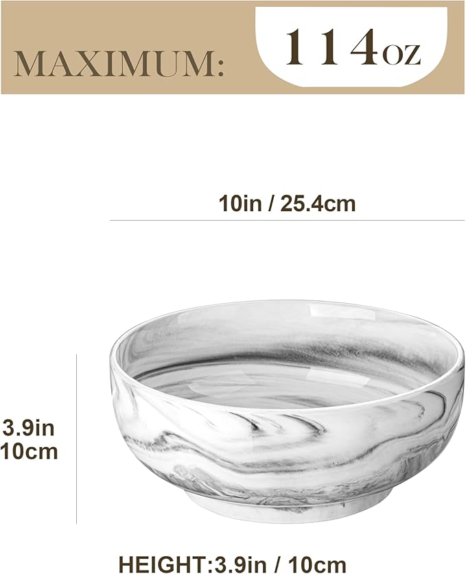MALACASA Large Serving Bowls, 114 OZ(10") Ceramic Salad Bowls Set of 2 | Marble Grey Bowls for Salad, Soup, Pasta, Dinner, Porcelain Bowls Set for Entertaining, Microwave Safe, Series REGULAR
