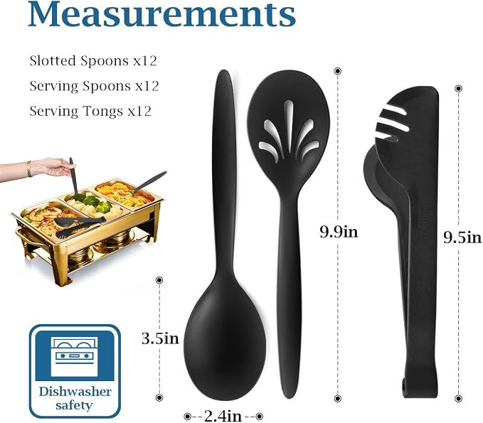 Reusable Plastic Serving Utensils Set of 36, Wheat straw Large Serving set 10" Serving Spoons/10" Slotted Spoons/9.4" Tongs, for Party Chafing Dish Buffet Catering (Black, Not for Cooking)