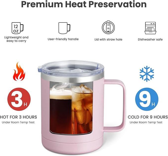 MEWAY 12oz Coffee Mug With Handle and Sliding Lid,Stainless Steel Travel Tumbler Cup with Handle,Double Wall Vacuum Insulated Camping Cup for Hot & Cold Drinks Tea (Pink,Set of 1)