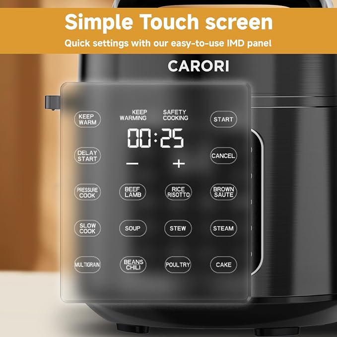 CARORI 6 Qt Electric Pressure Cooker, 9-in-1 Multi-Cooker with 12 One-Touch Presets, IMD Touchscreen, Stainless Steel Inner Pot, 24H Delay Timer, 1000W Compact Pressure Cooker, Black
