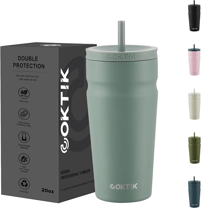 COKTIK 20oz Insulated Tumbler with Lid and Straw Iced Coffee Cup Reusable Stainless Steel Travel Mug Water Bottle Cupholder Friendly for Women Men Her Him (Bay Leaf)