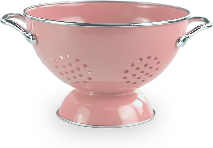 Reston Lloyd, 1.5 Quart Powder Coated Steel Kitchen Strainer Basket for draining Pasta, Vegetable and Fruit, Chrome Handles and Wide Stable Base, Pink