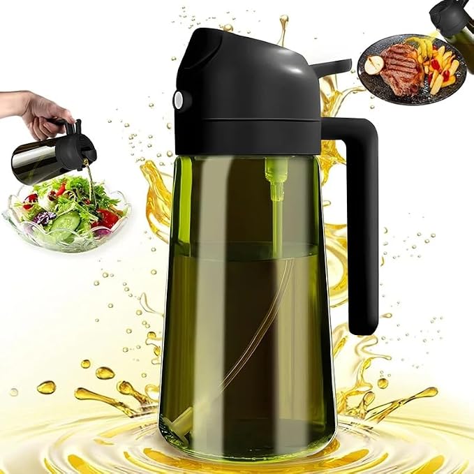 2-in-1 Olive Oil Sprayer & Dispenser, Leakproof 16oz Refillable Glass Spray Bottle for Cooking, Air Fryer & Salad