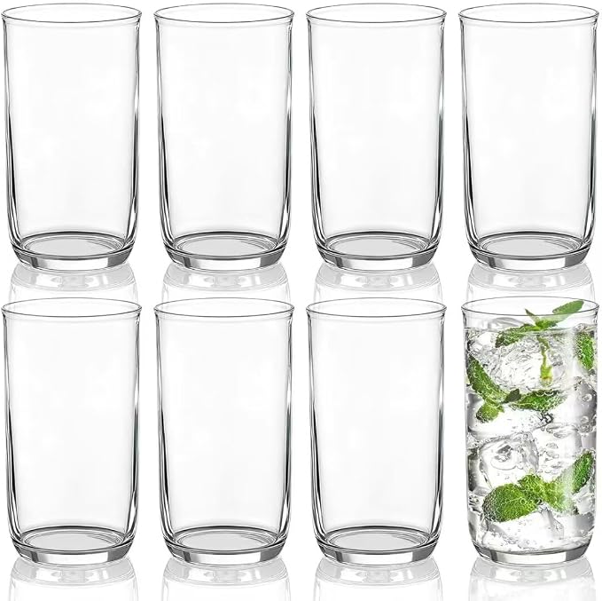 Berglander Highball Glasses Set 8pc, 14 oz Tall PET Clear Plastic Drinking Collins Glasses, Reusable Water Glass Cups, Bar Glassware Tumbler for Beverage, Beer, Juice, Milk, Mojito, Cold Drink