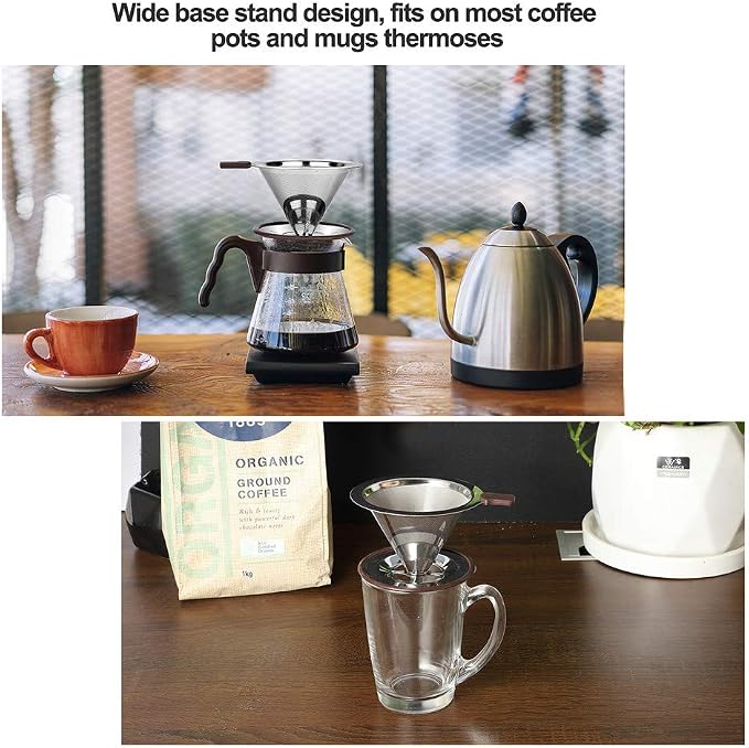 Pour Over Coffee Dripper, Reusable 304 Stainless Steel Filter for 1-2 Cup | Dual 304 stainless micro mesh, silicone heat handle, anti-slip stand, paperless reusable, easy clean for travel camping